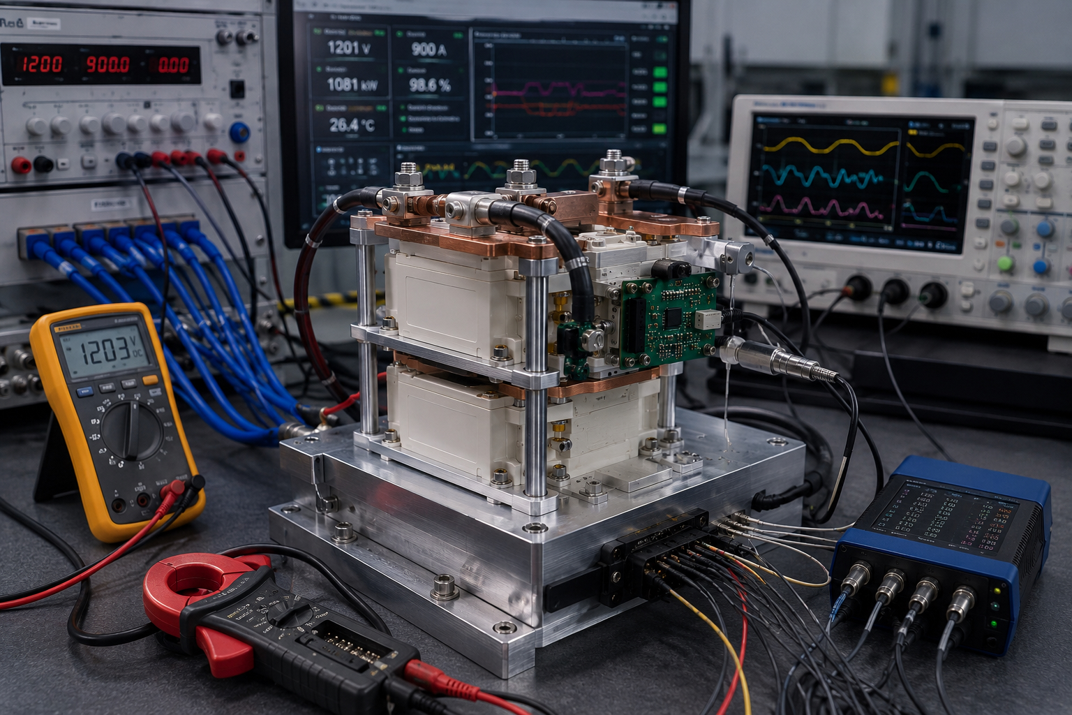 Compact SiC stack under test with laboratory instrumentation