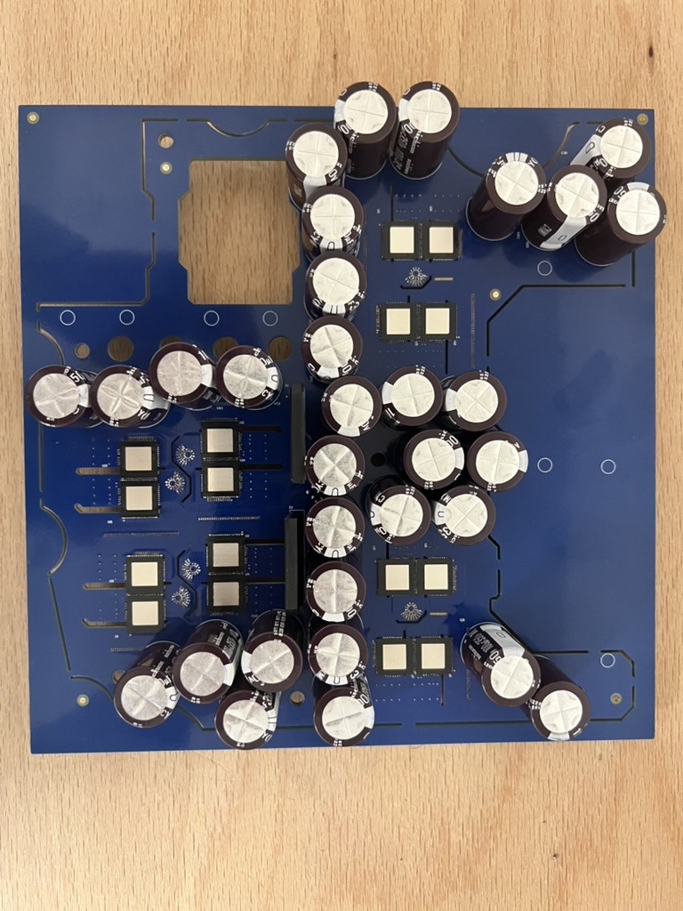 Blue power electronics board with capacitor banks